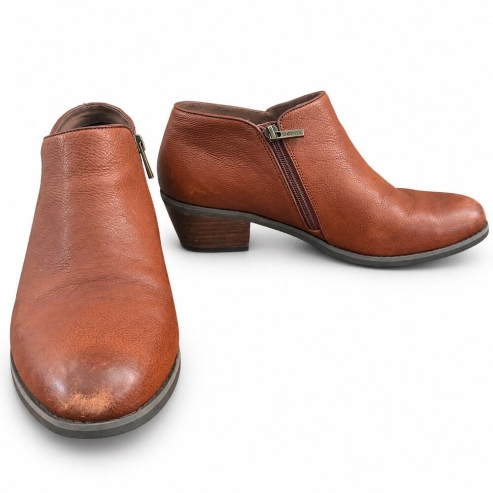Aetrex Cognac Brown Leather Ankle Booties Side Zip Block Heel Womens 10 EUR 41